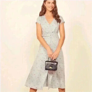 Reformation Denise Midi Dress Floral Light Blue V-Neck Tencel Lyocell Size S